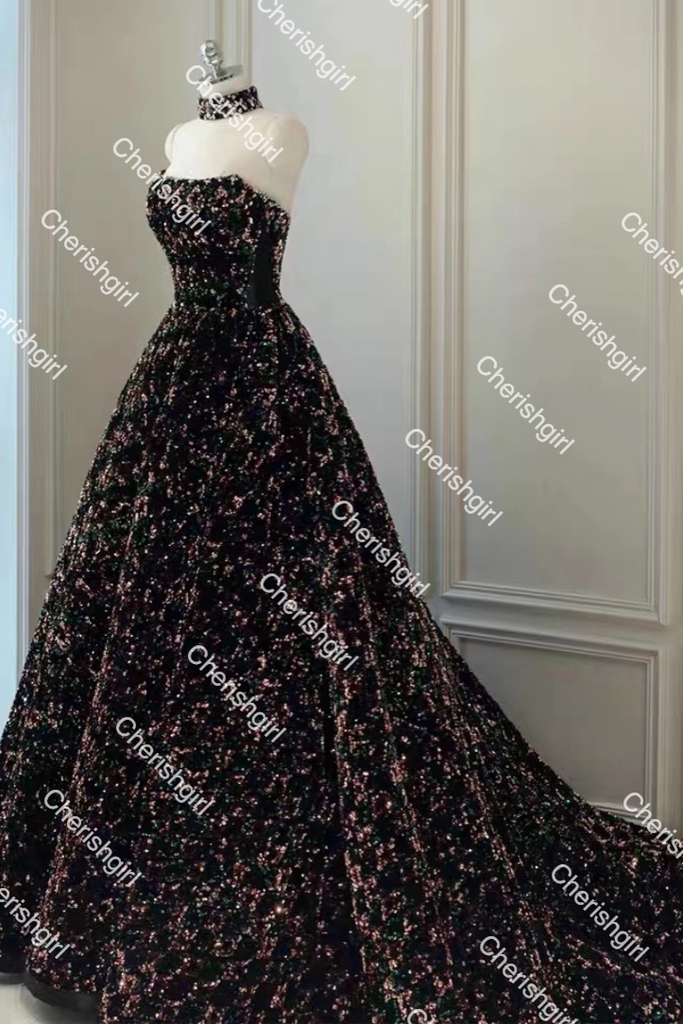 Gorgeous A-Line Shiny Sequins Strapless Prom Dress, Sparkly Formal Gown CHP0176