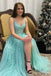 Elegant A-line Mint Green Lace Spaghetti Straps Prom Dresses With Applique,Party Gown With Slit chp0133