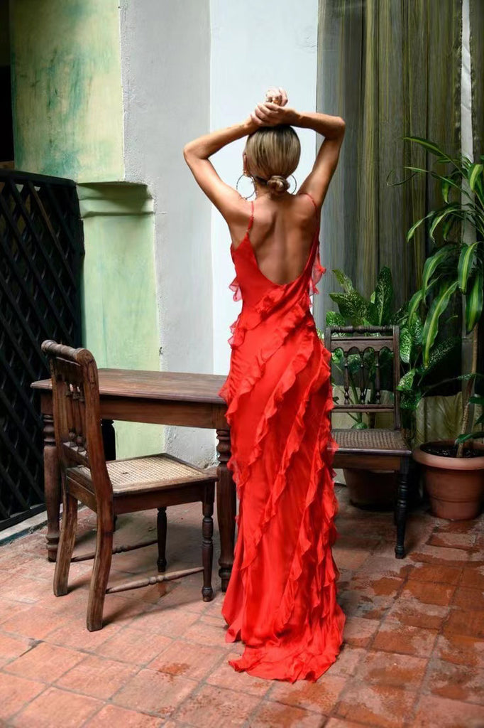 New Red Ruffles V Neck Long Formal Dress, Elegant Evening Dress CHP0229
