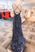 Sparkly Black Sequin V-Neck Backless Mermaid Formal Dresses, Long Prom Dress with Sequins CHP0115