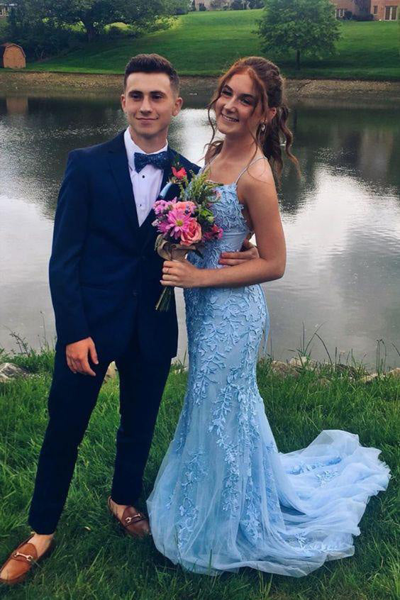 Light Blue Mermaid Lace Spaghetti Straps Prom Dresses With Appliques C cherishgirls Light Blue Mermaid Lace Spaghetti Straps Prom Dresses With Appliques C cherishgirls