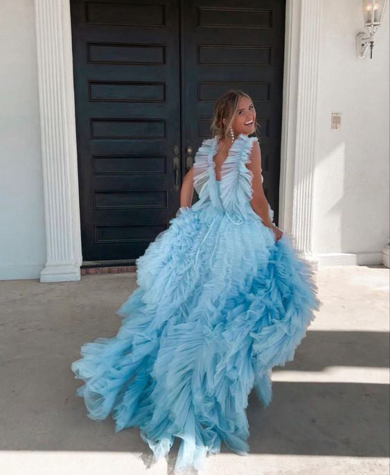 Light Sky Blue Tulle Princess Ruffle Straps With Tiered Long Prom Dress CHP0169