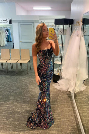 Sparkly Black Sequin Spaghetti Straps Mermaid Formal Dresses, Long Prom Dress with Sequins CHP0126