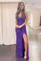 Mermaid V-Neck Spaghetti Straps Purple Prom Dresses,Long Formal Dresses With  Sequins chp0083