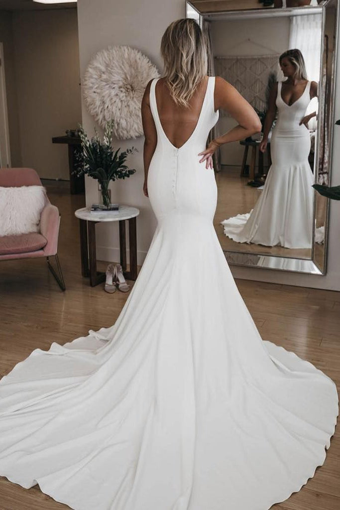 Simple V Neck Mermaid Wedding Dress with Long Train, Sexy Backless Beach Wedding Dress UQ1723