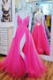 Hot Pink Tulle A Line V-neck Long Prom Dress, Gorgeous Formal Gown CHP0214