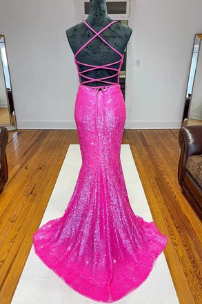 Shiny Hot Pink Sequins V Neck Mermaid Prom Dress, Formal Gown CHP0210