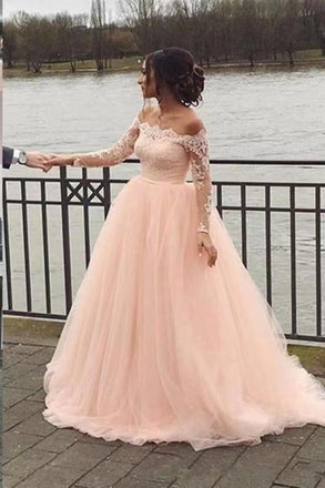Fashion Long Sleeves Lace Off the Shoulder Light Pink Wedding Dresses With Sweep Train,Formal Dress CHW0035