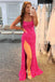 Glitter Hot Pink Sequins Mermaid Backless Long Prom Dresses, Formal Dresses With Side Slit CHP0108