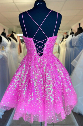 Sparkly A-line Barbie Pink Sequins Short Party Dress,Mini Prom Dress, Graduation Dresses chh0070