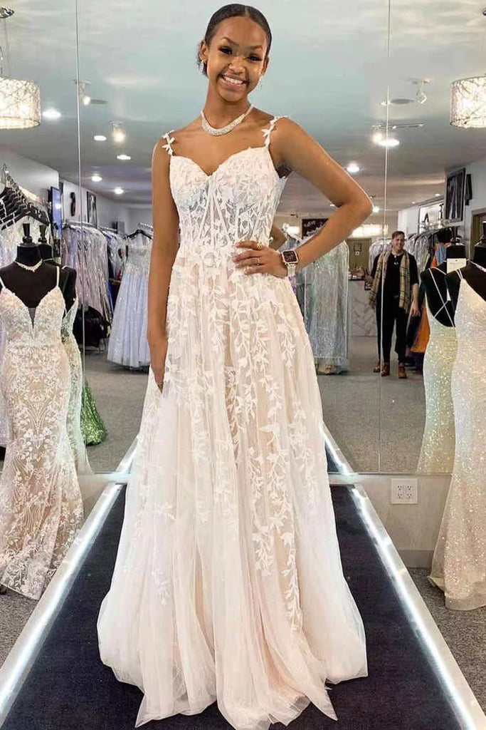 Elegant A-line Mint Green Lace Spaghetti Straps Prom Dresses With Applique,Party Gown With Slit chp0133