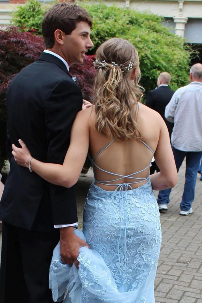 Light Blue Mermaid Lace Spaghetti Straps Prom Dresses With Appliques CHP0144