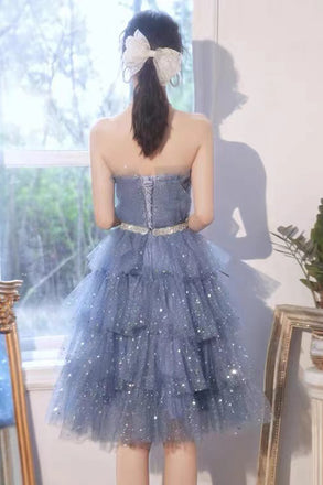 Shiny Blue Tulle A-Line Spaghetti Straps Homecoming Dresses,Short Party Gowns,Hoco Dress chh0137