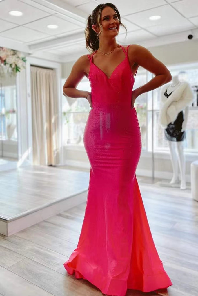 Gorgeous Hot Pink Satin Mermaid Long Prom Dress, Formal Dress CHP0177