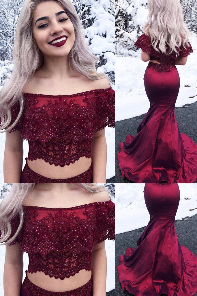 Free Shipping Two Piece Off the Shoulder Mermaid Burgundy Long Prom Dress chp0032