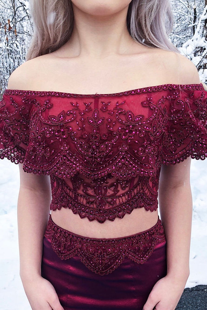 Two Piece Off the Shoulder Mermaid Burgundy Long Prom Dress chp0032