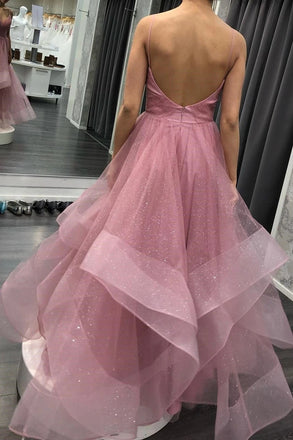 Glitter Asymmetrical Spaghetti Straps Pink Long Prom Dresses Backless Formal Gown chp0006