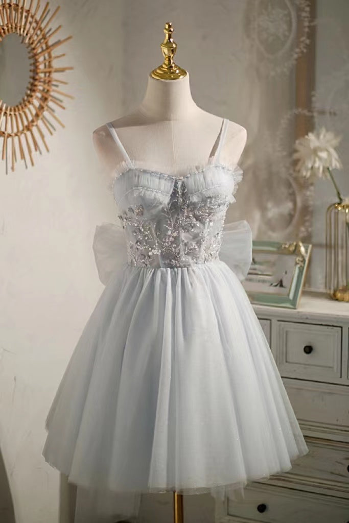 A Line Light Blue Tulle Homecoming Dress with Beading, Cute Bowknot Mini Prom Gown CHH0066