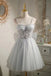 A Line Light Blue Tulle Homecoming Dress with Beading, Cute Bowknot Mini Prom Gown CHH0066