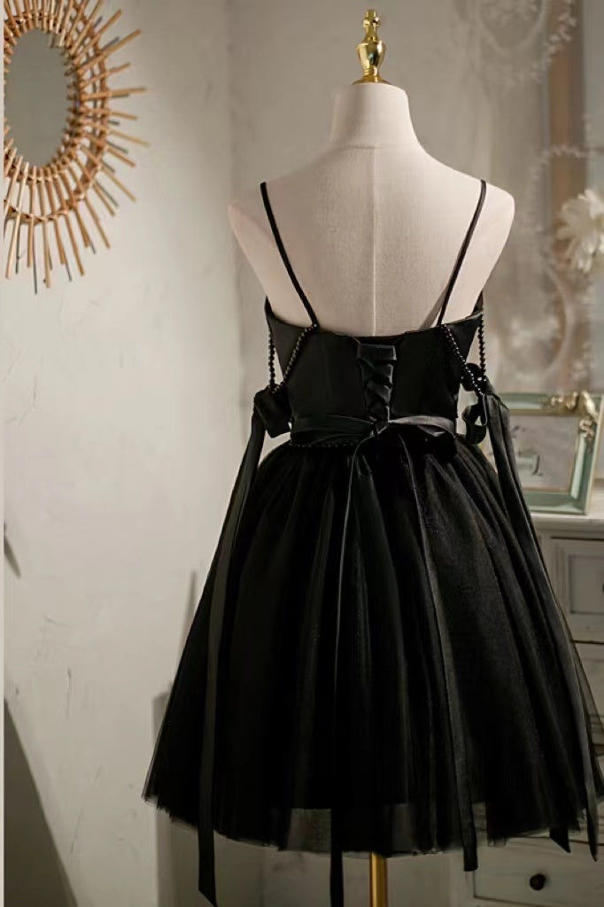 Cute Black Satin Spaghetti Straps V Neck Short Homecoming Dresses With Bowknot chh0065