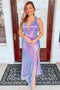 Mermaid Purple Sequins V Neck Prom Dresses With Slit,Gorgeous Evening Party Dress CHP0207