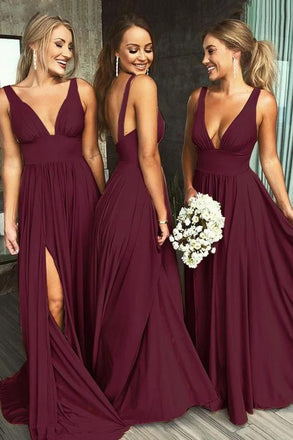 Deep V-neck Long Backless Long Maroon Bridesmaid Dresses with Split chb0006