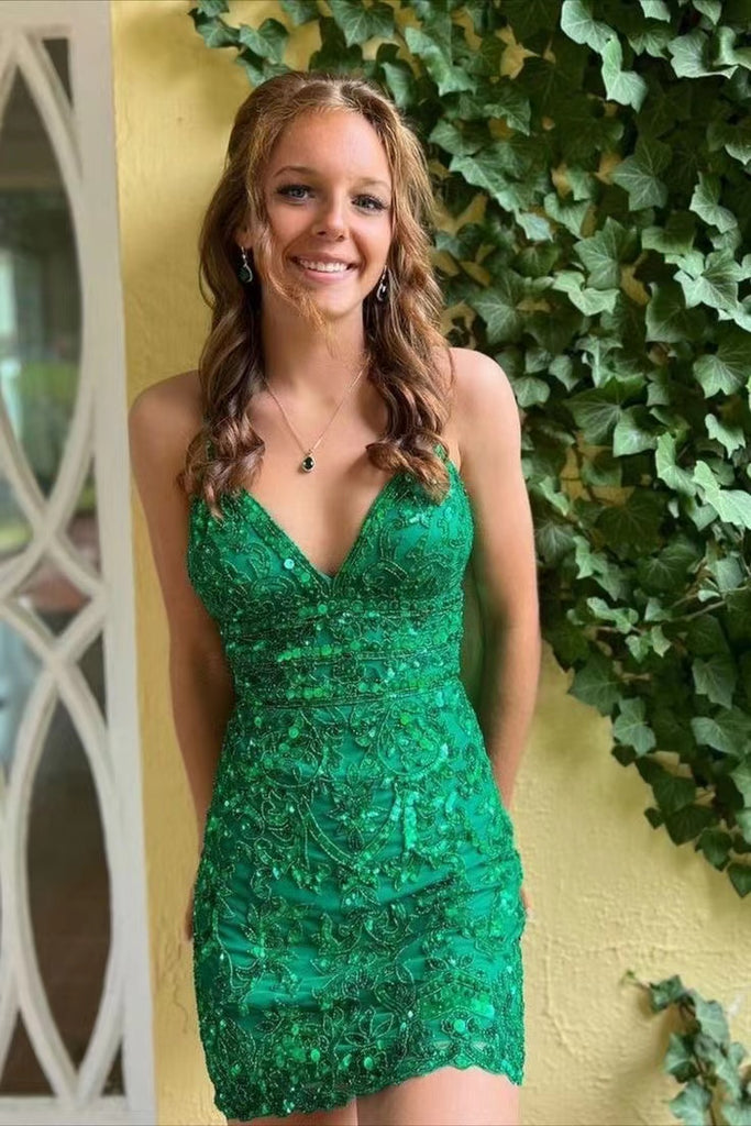 Glittery Green Sequins V Neck Bodycon Homecoming Dresses,Short Prom Dress chh0149