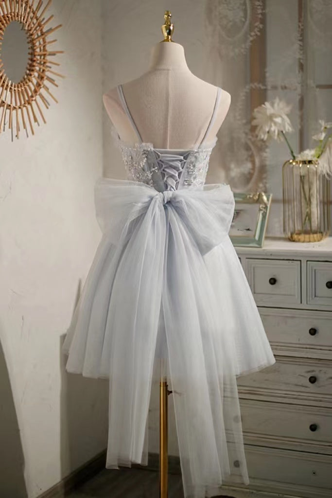 A Line Light Blue Tulle Homecoming Dress with Beading, Cute Bowknot Mini Prom Gown CHH0066