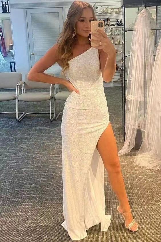Glitter Floor-Length One Shoulder White Slit Fitted Party Dress,Shiny Sleeveless Prom Dress CHP0094