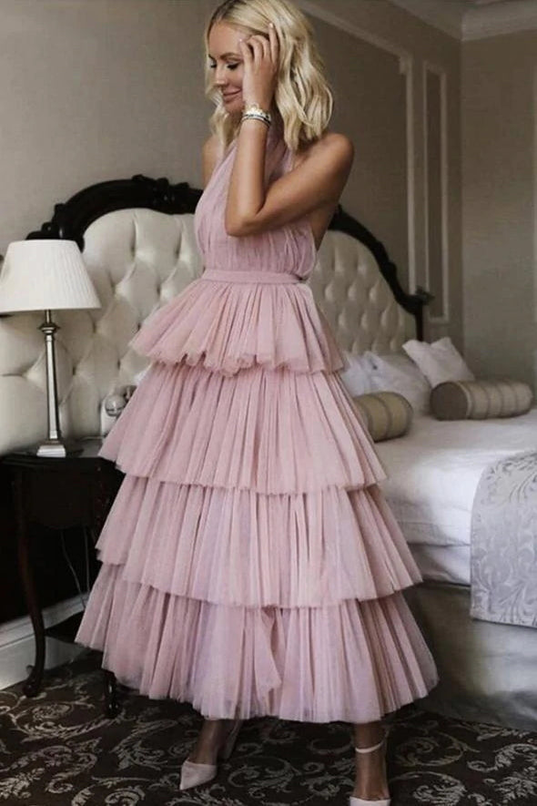 Gorgeous Ankle-Length Halter Tulle Prom Dress With Layers ,Tulle Formal Gown CHP0100