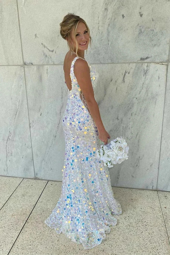 Sparkly Mermaid V-Neck Sequined Long Prom Dresses, Floor-Length Formal cherishgirls Sparkly Mermaid V-Neck Sequined Long Prom Dresses, Floor-Length Formal cherishgirls