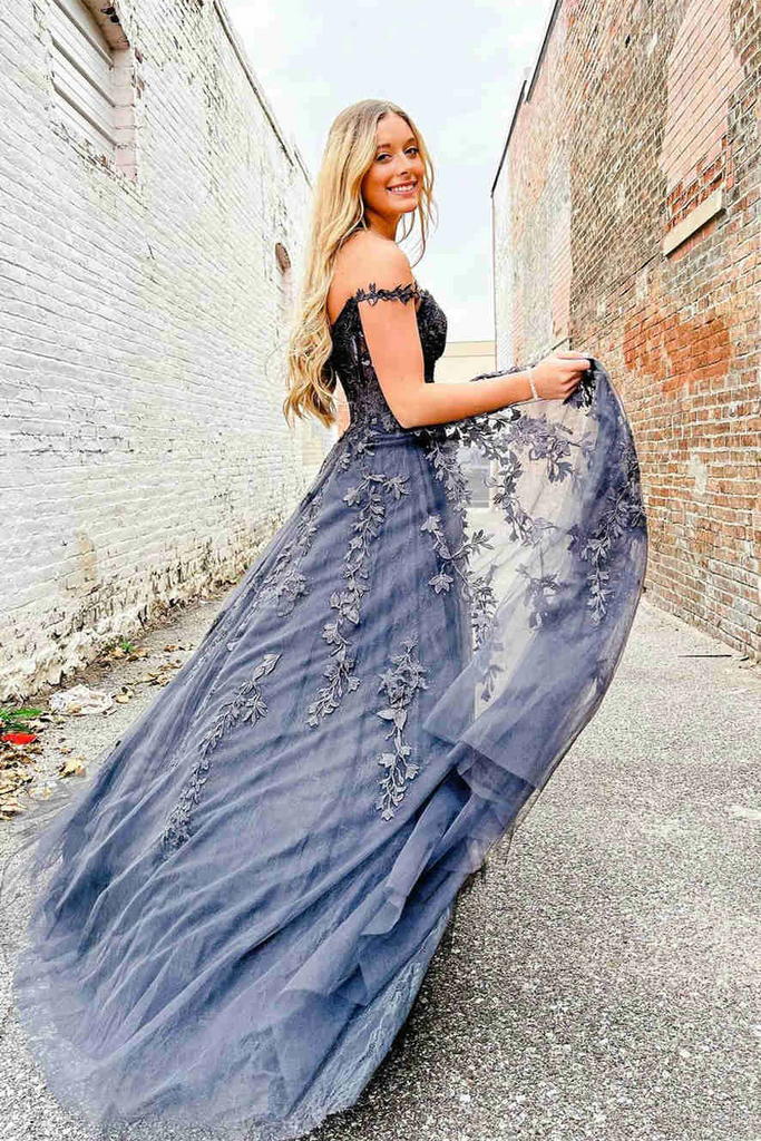 Elegant A-line Dark Navy Blue Lace Spaghetti Straps Prom Dresses With – cherishgirls