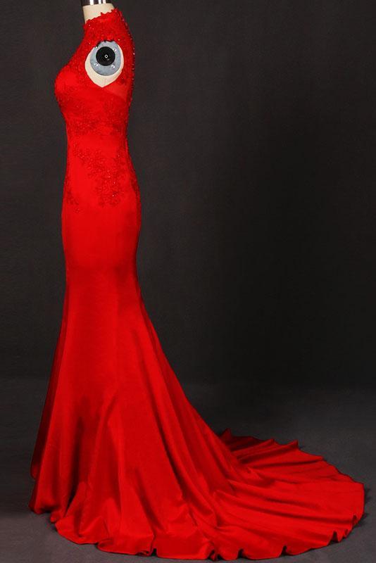 Red Sleeveless High Neck Sleeveless Satin Evening Dress Appliques Prom Dresses UQ2332
