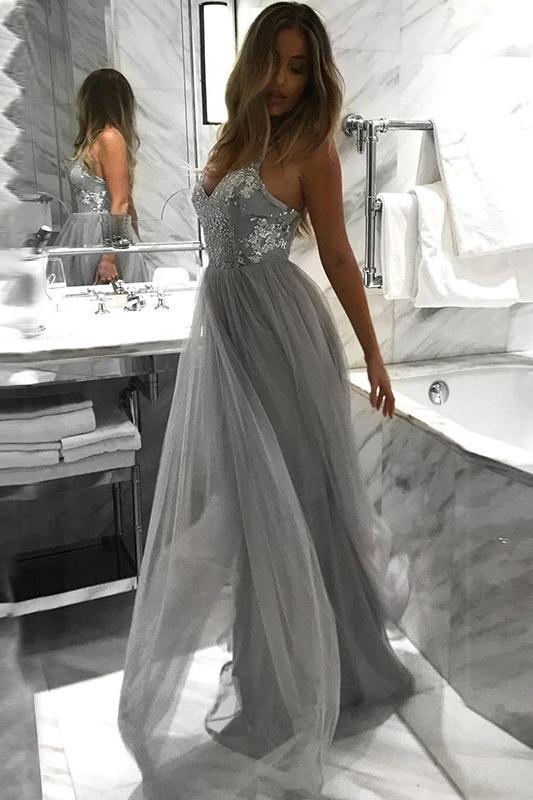 Spaghetti Straps Grey A Line Tulle Long Prom Dress, Floor Length Appliques Prom Gown N2238