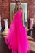 Hot Pink Tulle A Line V-neck Long Prom Dress, Gorgeous Formal Gown CHP0214