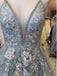 A-Line V-Neck Spaghetti Straps Light Blue Prom Dresses,Long Formal Dresses With Applique chp0082