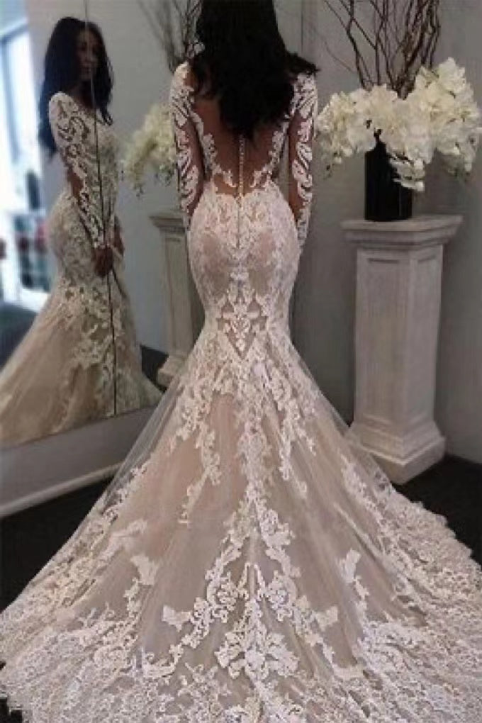 New Arrival Mermaid Long Sleeves See Through Back Sweetheart Long Lace Wedding Dresses, Bridal Gown CHW0161