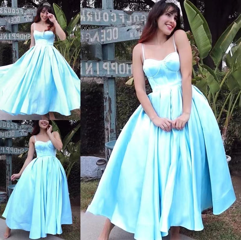Simple Blue Satin Tea-Length Homecoming Dressess,Spaghetti Straps Short Formal Gown chh0097