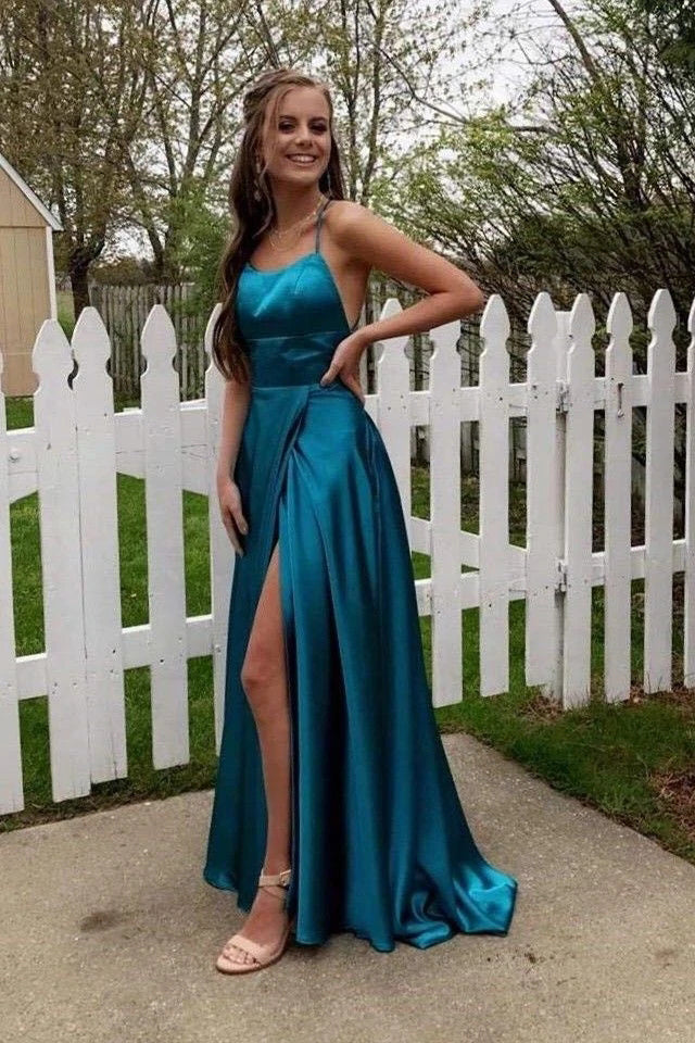 Simple A-Line Stunning Long Prom Dresses, Formal Evening Gowns With Slit chp0140