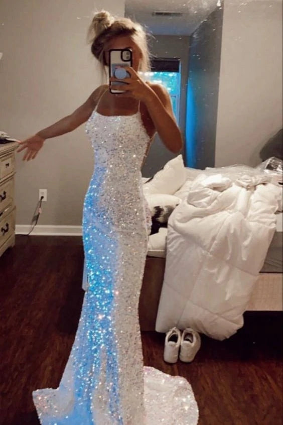 Glitter Mermaid Spaghetti Straps Sparkly Prom Dress Sequin Long Backless Evening Gown chp0086