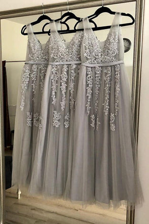 A Line V-Neck Sleeveless Gray Long Bridesmaid Dresses With Appliques chb0007