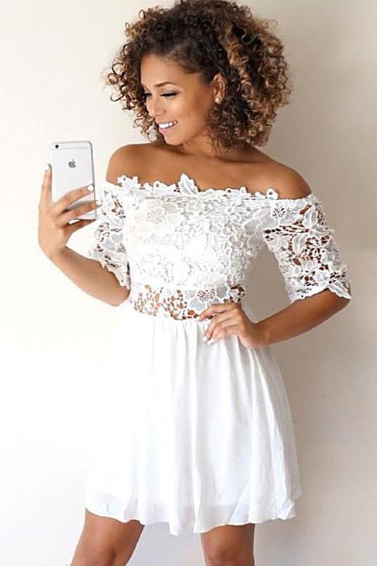 White A-Line Chiffon With Lace Applique Off-the-Shoulder Short Homecoming Dresses UQ1888