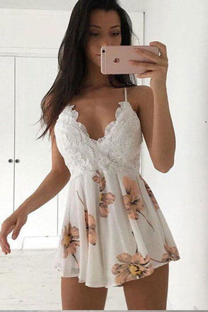A-Line V Neck Sleeveless Mini Floral Homecoming Dress, Spaghetti Straps Short Prom Dress N1922