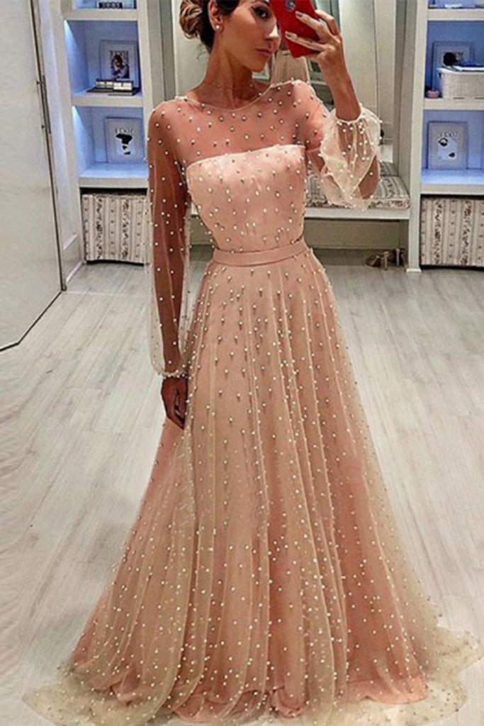 A-Line Jewel Long Sleeves Pearl Pink Long Prom Dress with Pearls, Uniq cherishgirls A-Line Jewel Long Sleeves Pearl Pink Long Prom Dress with Pearls, Uniq cherishgirls