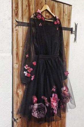 A Line Long Sleeves Black Homecoming Dress with Flowers, Cute Tulle Short Prom Dress N1858