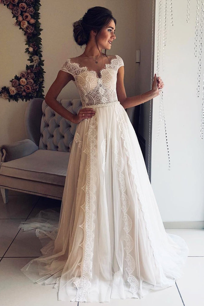 A-Line Scalloped-Edge Lace Wedding Dress with Sheer Back, Ivory Tulle cherishgirls A-Line Scalloped-Edge Lace Wedding Dress with Sheer Back, Ivory Tulle cherishgirls