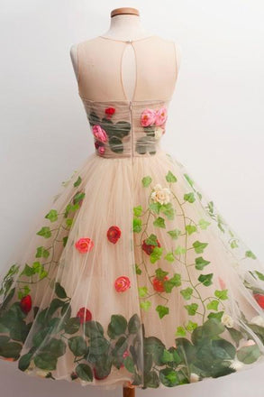 A line Scoop 3D Flowers Tulle Short Homecoming Dresses, Graduation Dresses, Sweet Dress chh0001
