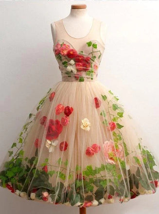 A line Scoop 3D Flowers Tulle Short Homecoming Dresses, Graduation Dresses, Sweet Dress chh0001