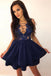 A-Line Short Tiered Dark Blue Sexy Homecoming Dress with Appliques, Graduation Dress UQ1836