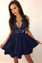 A-Line Short Tiered Dark Blue Sexy Homecoming Dress with Appliques, Graduation Dress UQ1836